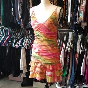 Tie-dyed, ruffled, ruched, midi-dress